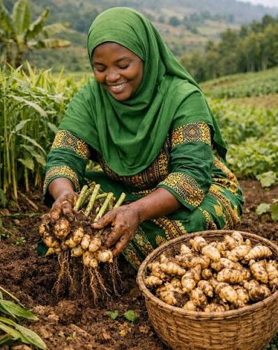 Ginger farmer harvesting freshly dug ginger root in Southern Kaduna